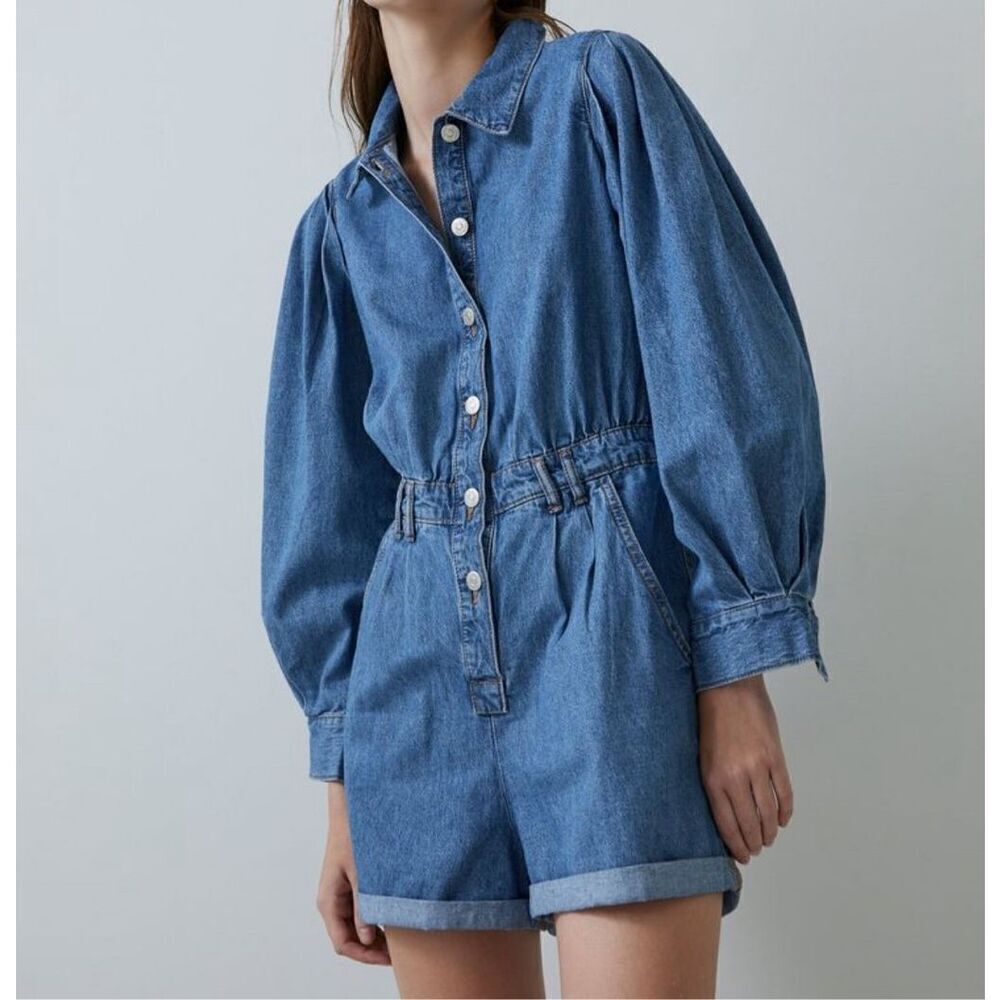 Zara Womens Medium Wash Blue Puff Sleeves Button Front Denim Romper XS